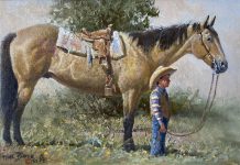 Wayne Baize Soaking Up A Way Of Life saddled horse boy cowboy ranch farm western oil painting