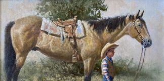Wayne Baize Soaking Up A Way Of Life saddled horse boy cowboy ranch farm western oil painting