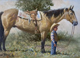 Wayne Baize Soaking Up A Way Of Life saddled horse boy cowboy ranch farm western oil painting