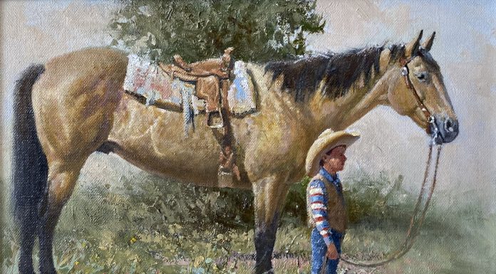 Wayne Baize Soaking Up A Way Of Life saddled horse boy cowboy ranch farm western oil painting