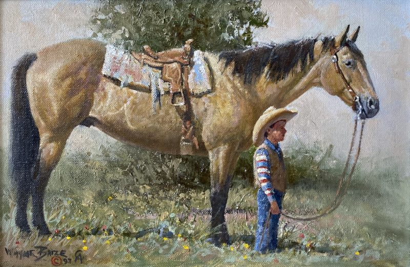 Wayne Baize Soaking Up A Way Of Life saddled horse boy cowboy ranch farm western oil painting 