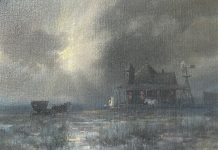 Carl J. Smith Company Coming horse carriage homestead house ranch farm cloudy day windmill western oil painting