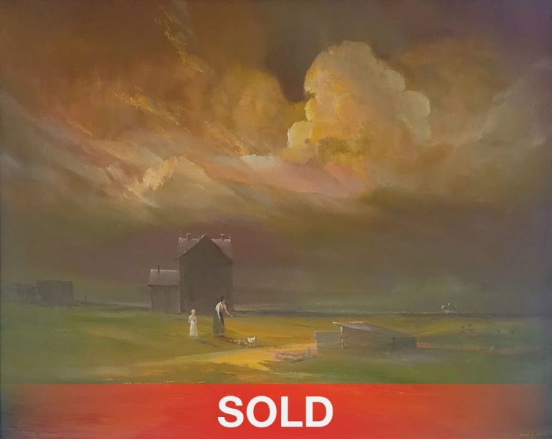 Carl J. Smith Sudden Storm clouds stormy weather western landscape farm ranch cattle cows chicken rooster oil painting