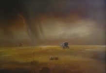 Carl J. Smith The Drought Has Broken rain clouds western landscape western oil painting covered wagon farm house