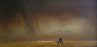 Carl J. Smith The Drought Has Broken rain clouds western landscape western oil painting covered wagon farm house