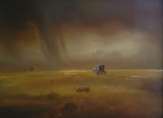 Carl J. Smith The Drought Has Broken rain clouds western landscape western oil painting covered wagon farm house