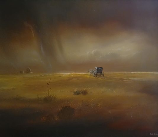 Carl J. Smith The Drought Has Broken rain clouds western landscape western oil painting covered wagon farm house