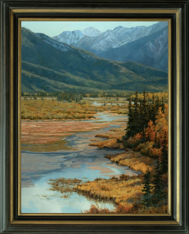 Darcie Peet Autumn Shallows river stream brook high mountain lake mountains Canada Bow River Vermillion Lakes Banff Canadian Rockies western landscape oil painting framed black