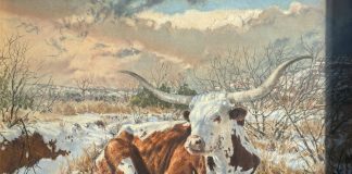 David Sanders "Longhorn" pastel western painting snow landscape