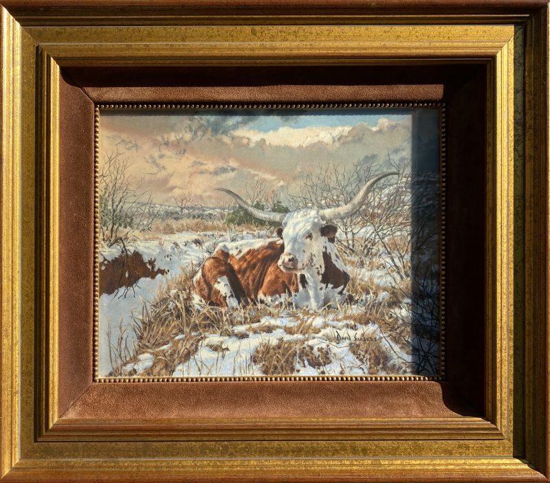 David Sanders "Longhorn" pastel western painting snow landscape framed