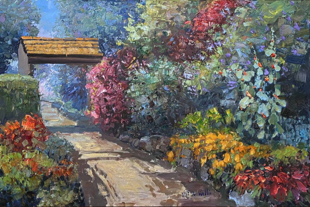 Kent Wallis Through The Garden flowers trail path house oil painting