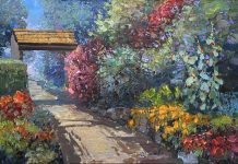 Kent Wallis Through The Garden flowers trail path house oil painting