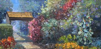 Kent Wallis Through The Garden flowers trail path house oil painting