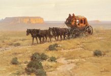 Robert Pummill Stage To Moab western oil painting cowboy stage coach horses landscape