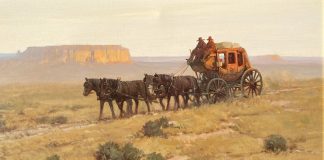 Robert Pummill Stage To Moab western oil painting cowboy stage coach horses landscape