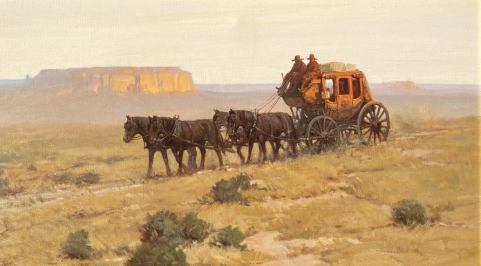 Robert Pummill Stage To Moab western oil painting cowboy stage coach horses landscape