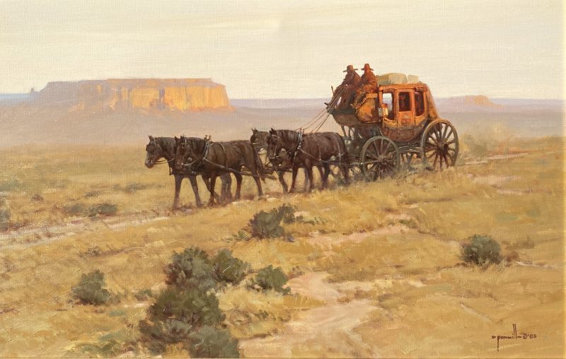 Robert Pummill Stage To Moab western oil painting cowboy stage coach horses landscape