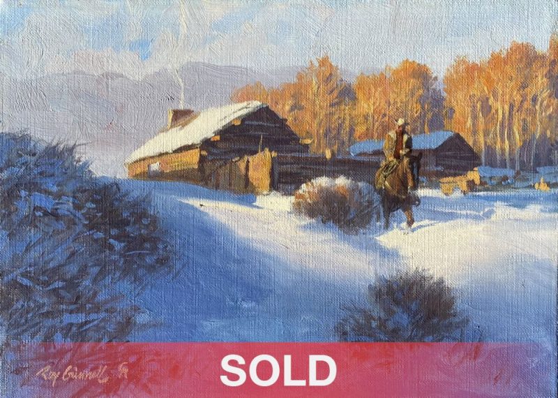 Roy Grinnell Early Winter cowboy snow horse log cabin fire fireplace ranch farm western oil painting sold