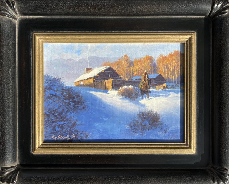 Roy Grinnell Early Winter cowboy snow horse log cabin fire fireplace ranch farm western oil painting framed