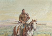 W. Steve Seltzer Native American Indian riding paint horse landscape western watercolor painting