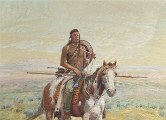 W. Steve Seltzer Native American Indian riding paint horse landscape western watercolor painting