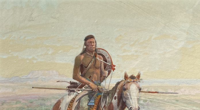 W. Steve Seltzer Native American Indian riding paint horse landscape western watercolor painting