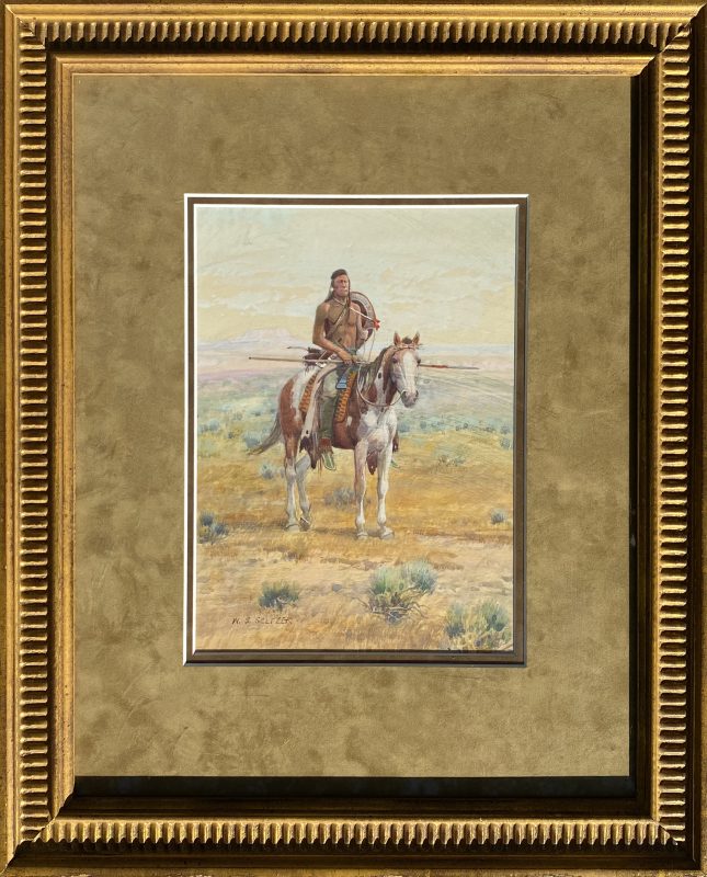 W. Steve Seltzer Native American Indian riding paint horse landscape western watercolor painting framed