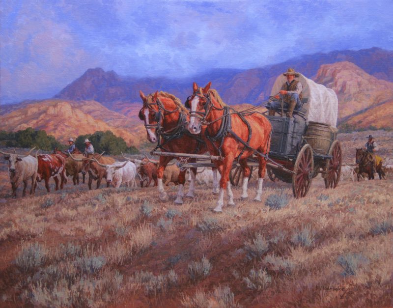 Karin Hollebeke Best Seat In The House rural farm covered wagon horses horse drawn wagon western oil painting