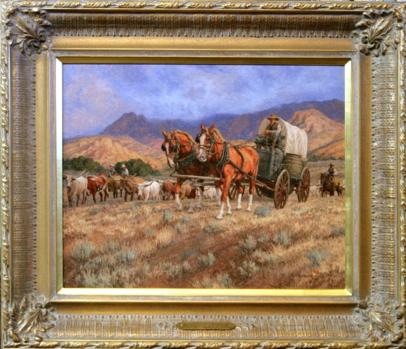 Karin Hollebeke Best Seat In The House rural farm covered wagon horses horse drawn wagon western oil painting framed