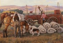 Karin Hollebeke Moving Camp rural farm covered wagon horses horse drawn wagon cowboy dog bed rolls western oil painting