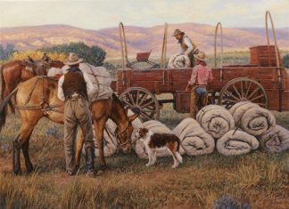 Karin Hollebeke Moving Camp rural farm covered wagon horses horse drawn wagon cowboy dog bed rolls western oil painting