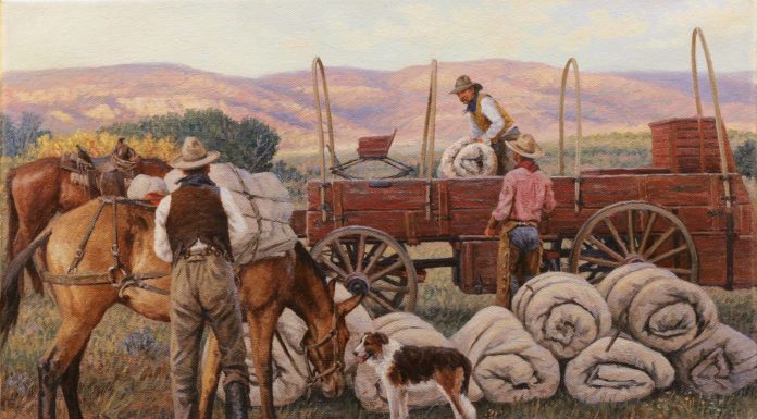 Karin Hollebeke Moving Camp rural farm covered wagon horses horse drawn wagon cowboy dog bed rolls western oil painting