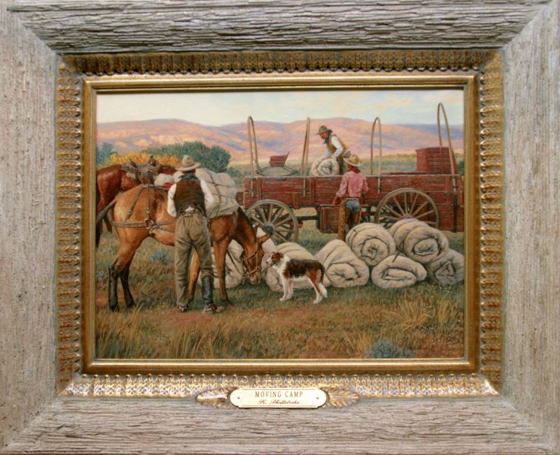Karin Hollebeke Moving Camp rural farm covered wagon horses horse drawn wagon cowboy dog bed rolls western oil painting framed
