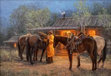 Karin Hollebeke The Resting Place cowboy yellow slicker horses cabin fire light cozy western oil painting