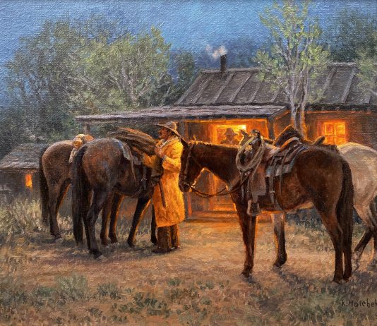 Karin Hollebeke The Resting Place cowboy yellow slicker horses cabin fire light cozy western oil painting