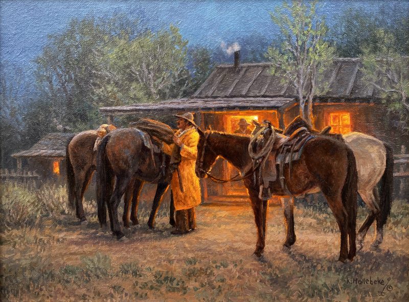 Karin Hollebeke The Resting Place cowboy yellow slicker horses cabin fire light cozy western oil painting