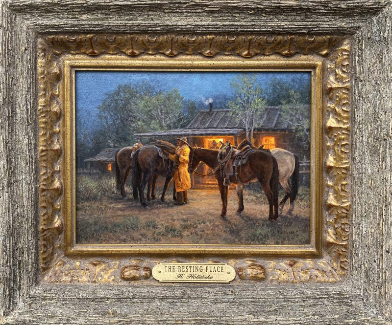 Karin Hollebeke The Resting Place cowboy yellow slicker horses cabin fire light cozy western oil painting framed