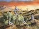 Trevor Swanson Sunset In Spring quail desert cactus cacti saguaro prickly pear mountain western wildlife oil painting