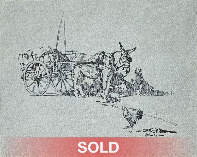 Clark Hulings Burro cart chicken drawing pen and ink western painting sold