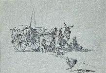 Clark Hulings Burro cart chicken drawing pen and ink western painting
