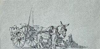 Clark Hulings Burro cart chicken drawing pen and ink western painting