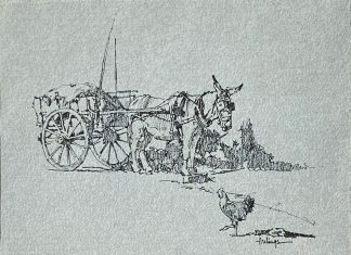 Clark Hulings Burro cart chicken drawing pen and ink western painting