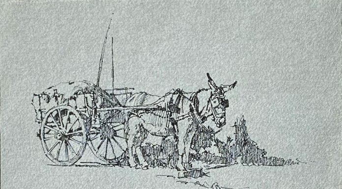 Clark Hulings Burro cart chicken drawing pen and ink western painting