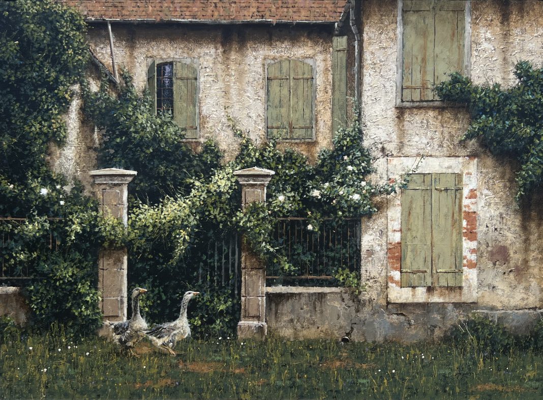George Hallmark Nosey Neighbors geese duck swan architecture old building adobe western oil painting
