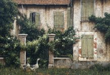 George Hallmark Nosey Neighbors geese duck swan architecture old building adobe western oil painting