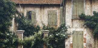 George Hallmark Nosey Neighbors geese duck swan architecture old building adobe western oil painting