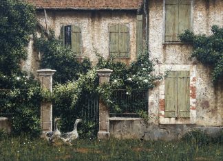 George Hallmark Nosey Neighbors geese duck swan architecture old building adobe western oil painting