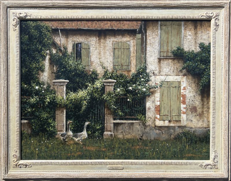 George Hallmark Nosey Neighbors geese duck swan architecture old building adobe western oil painting framed