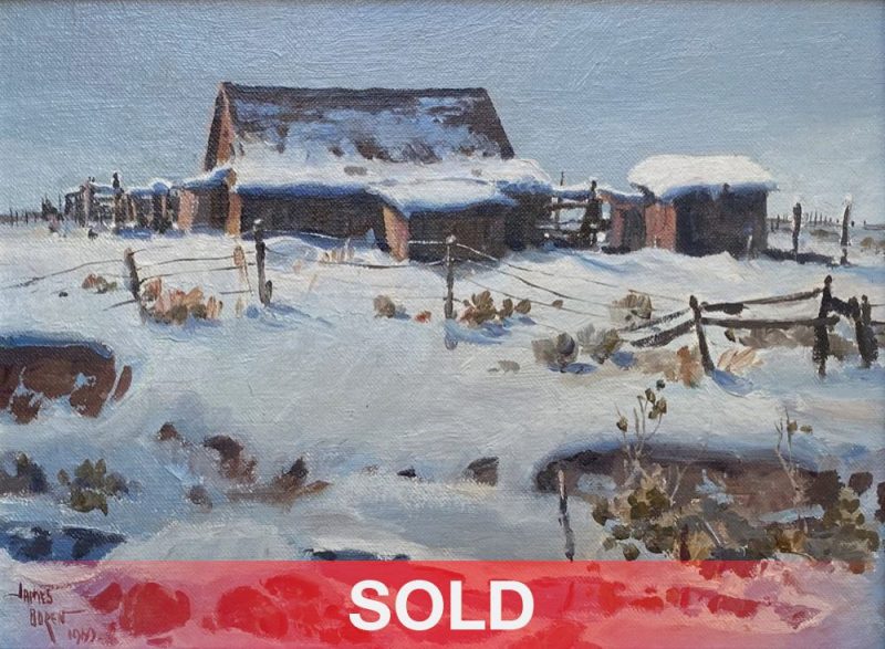 James Boren Snow On The Prairie ranch cabin farm western oil painting sold