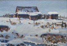James Boren Snow On The Prairie ranch cabin farm western oil painting